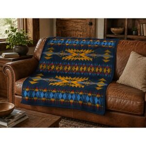 Vintage Biederlack Southwest Aztec Throw Blanket Navy Blue 52x68 USA 90s